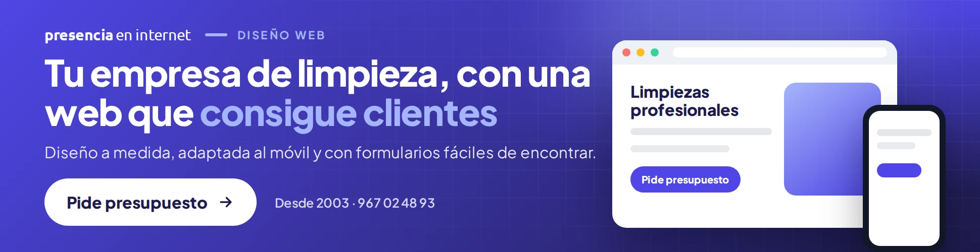 Presencia en internet: diseño web para empresas de limpieza. Pide presupuesto.
