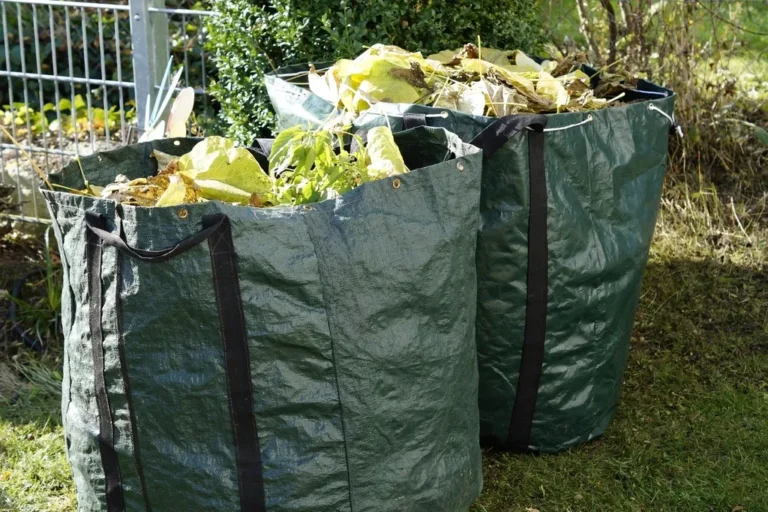 Bolsas de basura con hojas en un jardín