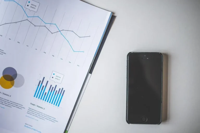 Informe con gráficos y un teléfono móvil