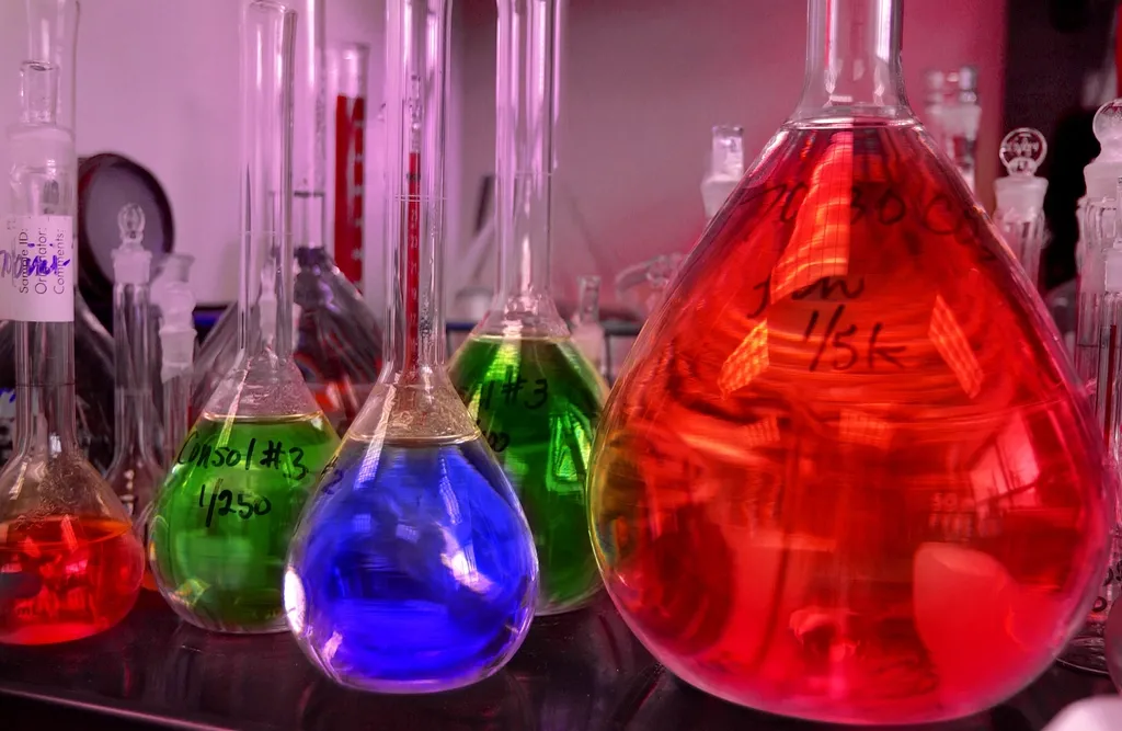 Matraces de laboratorio con líquidos de colores