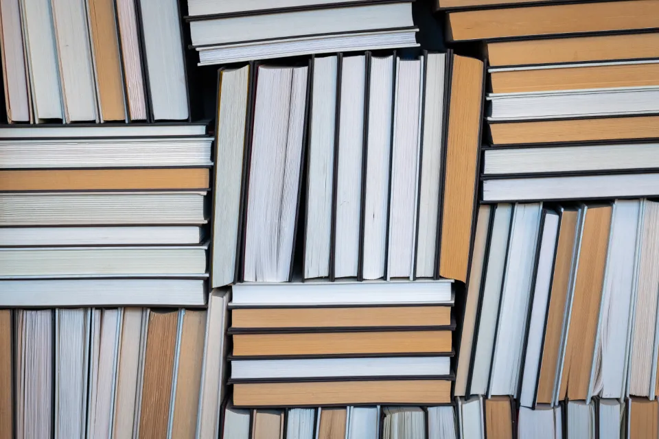 Libros apilados en una estantería