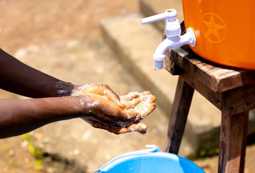 Lavado de manos en un lavabo exterior
