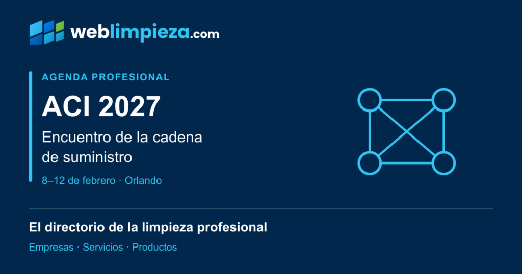 Portada editorial de Weblimpieza: ACI 2027, encuentro de la cadena de suministro. Un diagrama propio conecta cuatro círculos para representar relaciones entre empresas; no reproduce el logotipo del organizador.