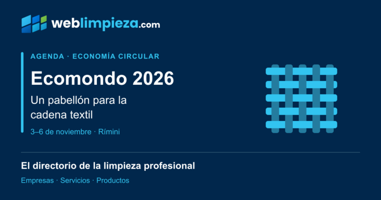 Portada editorial de Weblimpieza con el logotipo oficial de seis paneles. Ecomondo 2026: un pabellón para la cadena textil, del 3 al 6 de noviembre en Rímini. Un tejido geométrico propio representa la temática textil; no reproduce los logotipos del evento ni de IEG. Incluye las líneas corporativas del directorio.