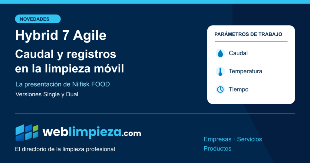 Portada de Weblimpieza: Hybrid 7 Agile, caudal y registros en la limpieza móvil. Presentación de Nilfisk FOOD, versiones Single y Dual; iconos de caudal, temperatura y tiempo. Incluye el logo y la firma corporativa.