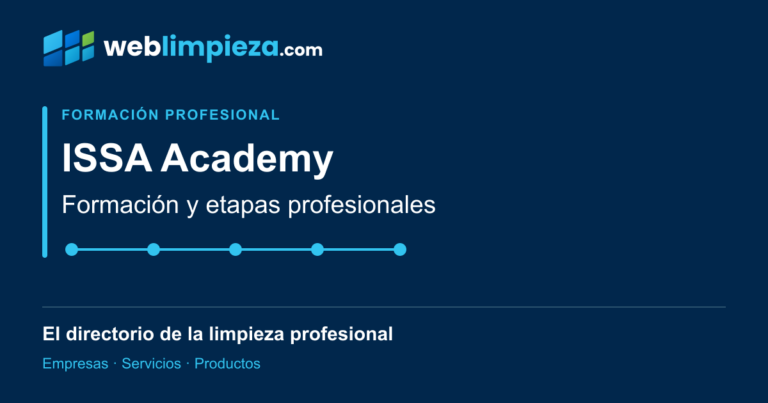 Portada editorial de Weblimpieza: ISSA Academy. Formación y etapas profesionales. Cinco puntos conectados representan un recorrido conceptual de aprendizaje, sin reproducir el logotipo de ISSA.