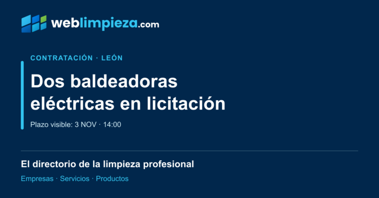 Portada de Weblimpieza: León, licitación de dos baldeadoras eléctricas. Plazo visible: 3 de noviembre de 2026, 14:00.