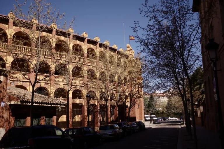 Calle de Zaragoza junto a un edificio de ladrillo con arcos