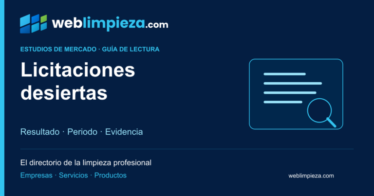 Portada corporativa de Weblimpieza: Licitaciones desiertas. Resultado, periodo y evidencia. Ilustración de un documento y una lupa.