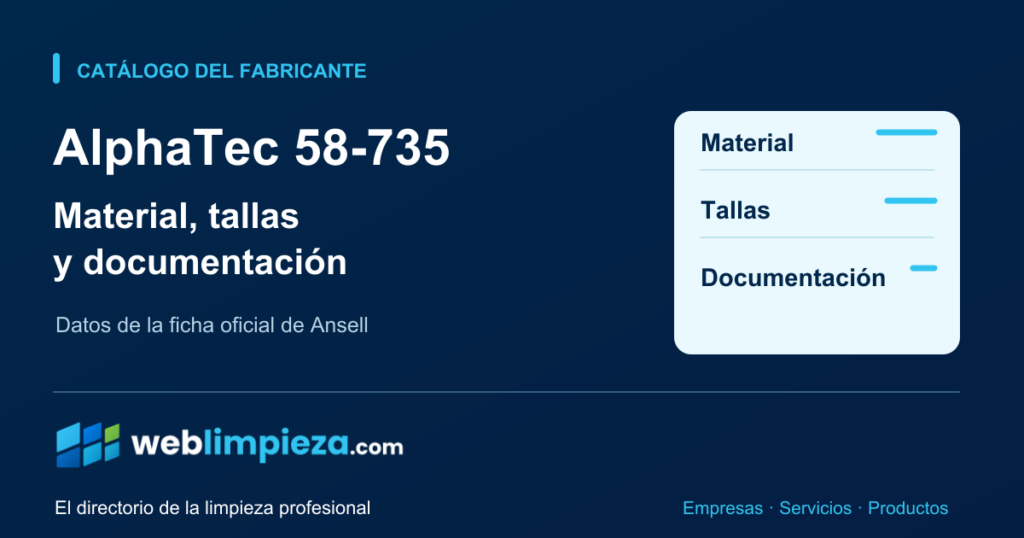 Portada editorial de Weblimpieza sobre la ficha del guante AlphaTec58-735. Una ilustración abstracta de una ficha muestra Material, Tallas y Documentación, sin reproducir el guante ni un marcado de protección. Firma y logo oficial de Weblimpieza.