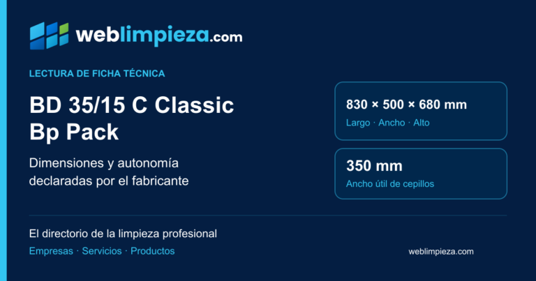 Gráfico editorial de Weblimpieza sobre la ficha de la fregadora Kärcher BD 35/15 C Classic Bp Pack. Presenta las dimensiones declaradas 830 × 500 × 680 mm y el ancho útil de cepillos de 350 mm mediante tarjetas de datos, sin mostrar ni atribuir una prueba de la máquina.